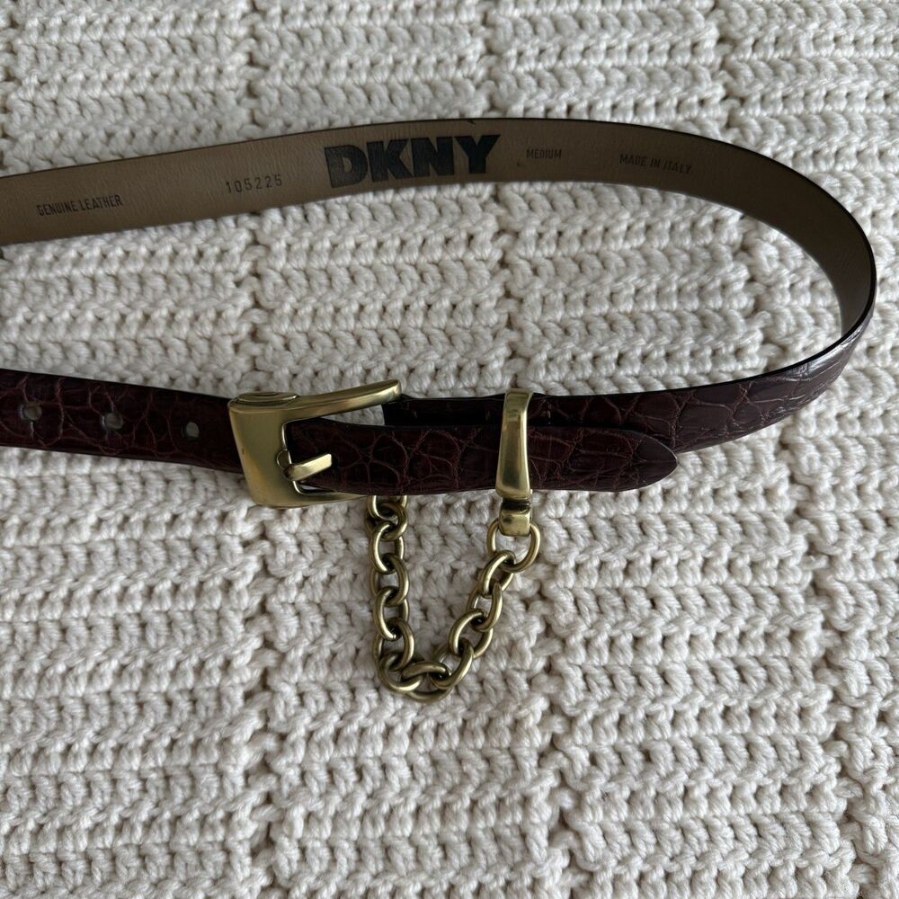 DKNY Leather Brown Gold Brass Chain Women’s Size Medium Made In Italy
